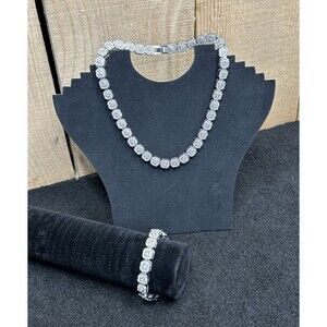 Silver Tone Clustered Square Crystal Bling Hip Hop Necklace And Bracelet J382